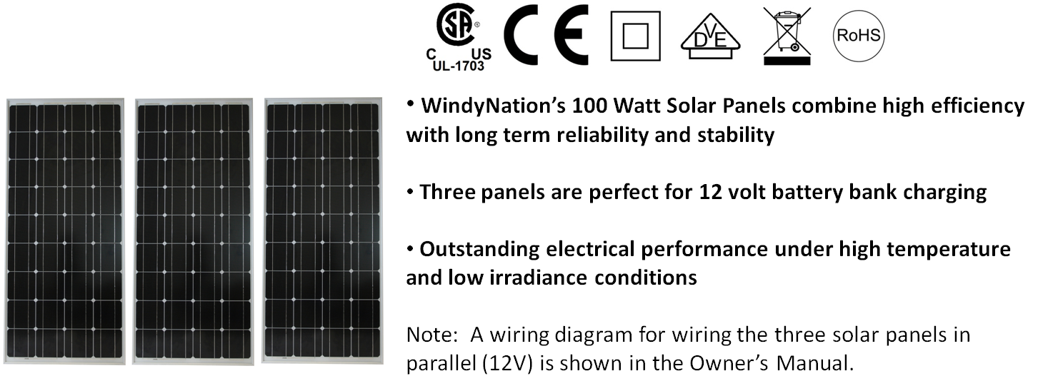 3pcs 100 Watt Windy Nation Monocrystalline Solar Panel Description