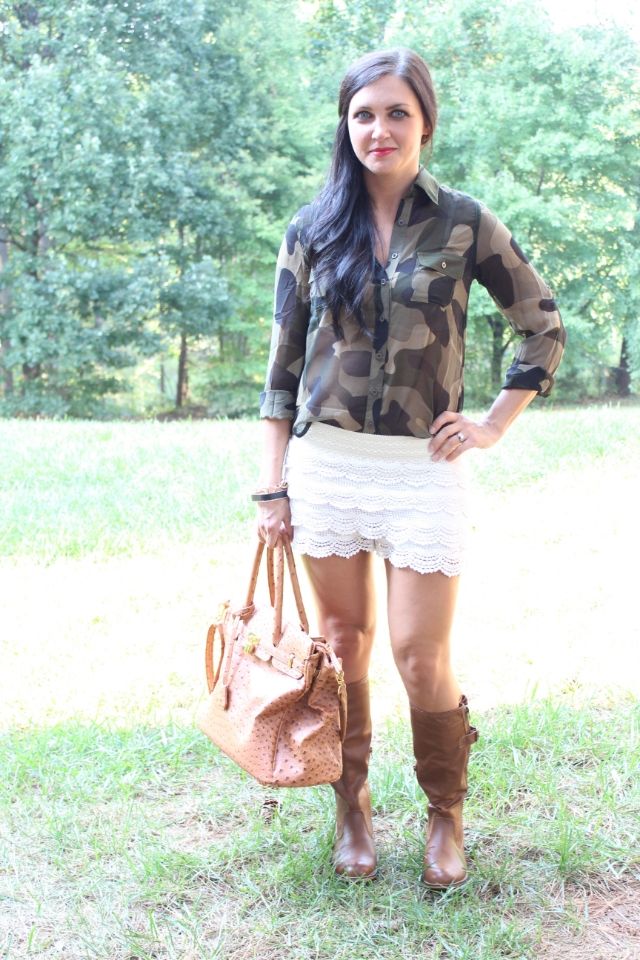 Crochet shorts, Camo shirt, Tall boots.