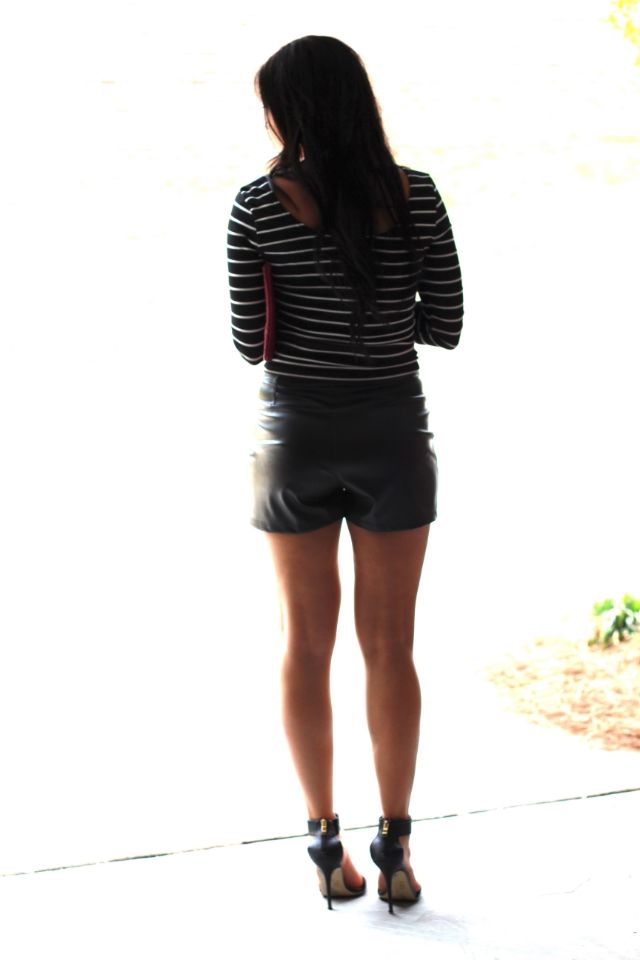 Stilettos and Diapers: Girls Night Out. Leather shorts and stripes.