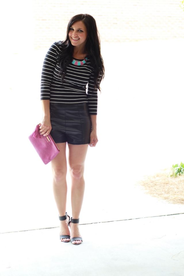 Stilettos and Diapers: What to wear to Girls Night Out. Leather shorts and stripes.