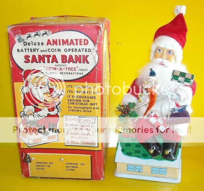 1960 Trim A Tree Noel Mechanical Tin Santa Bank Toy+Box  