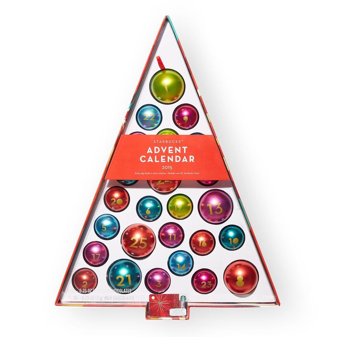 The Starbucks 2015 Advent Calendar: Mini reusable ornaments each with a little chocolate treat inside