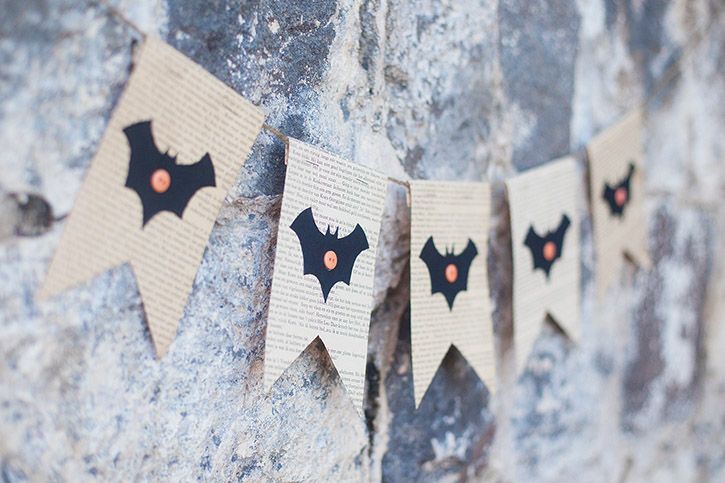 DIY Halloween bat banner made from upcycled book pages at Simple as That Blog