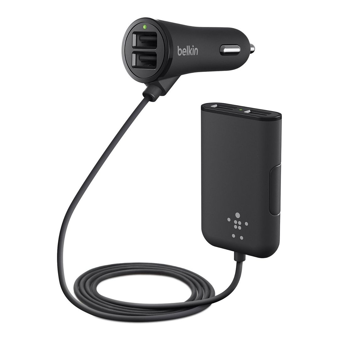 Belkin Road Rockstar: 2 charging ports up front, with an extension that provides 2 in the back seat too