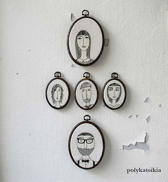 Custom family portrait series embroidered over cotton: so cool! | By Polykatoiki