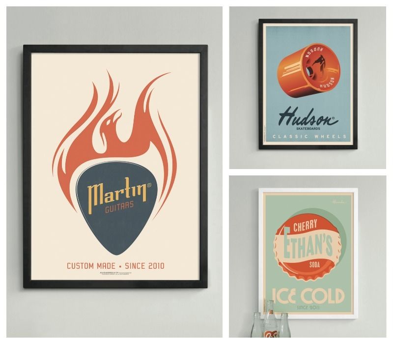 Custom wall art from Alexander & Co looks like vintage ads. Cool for kids, or even dads