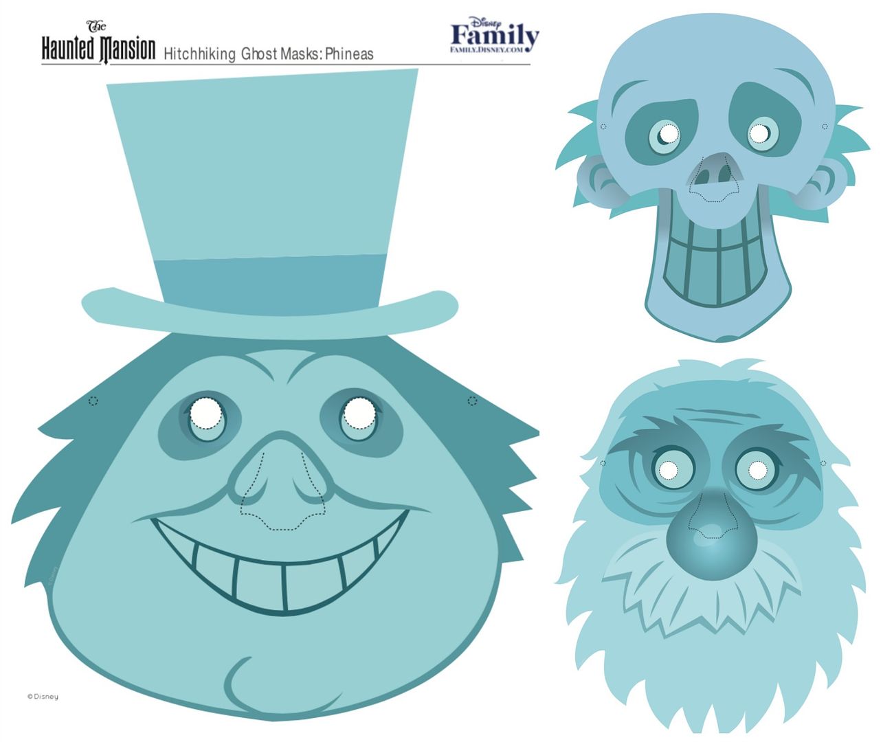 Free printable Halloween masks: The Disney Haunted Mansion hitchhiking ghosts. How cool!