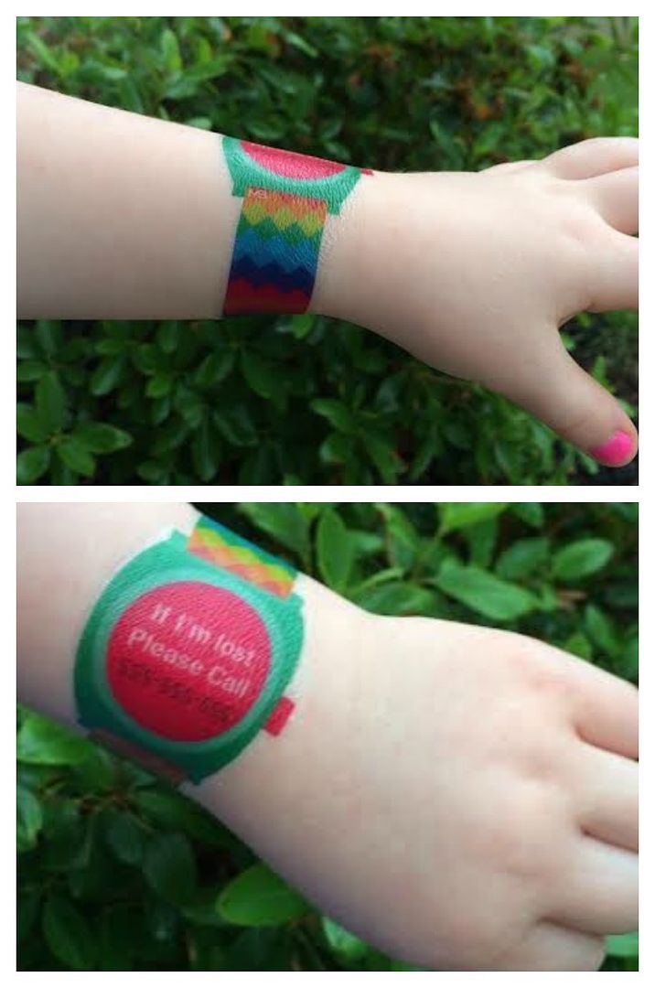 Temporary tattoo watch with emergency contact numbers printed right on. Smart!