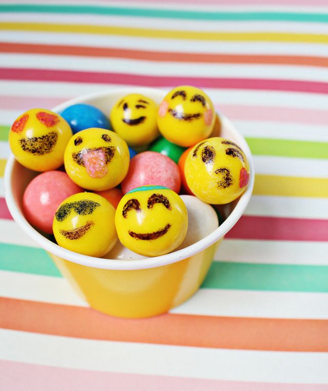 Emoji party activity and treat: Decorate emoji gumballs with edible paint pens!