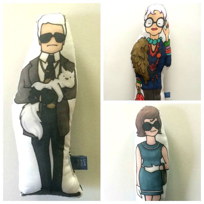 Fashion Icon pillows on Etsy featuring Karl Lagerfeld, Iris Apfel, and Jackie O