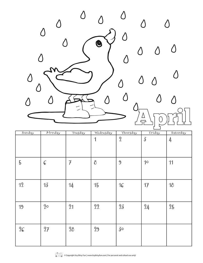 Free printable coloring calendar for kids from Itsy Bitsy Fun