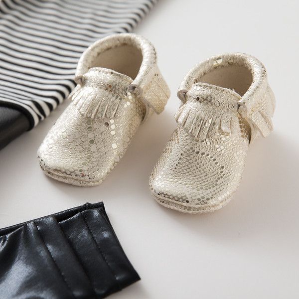 Freshly Picked Moccasins for kids in limited edition metallic faux lizard