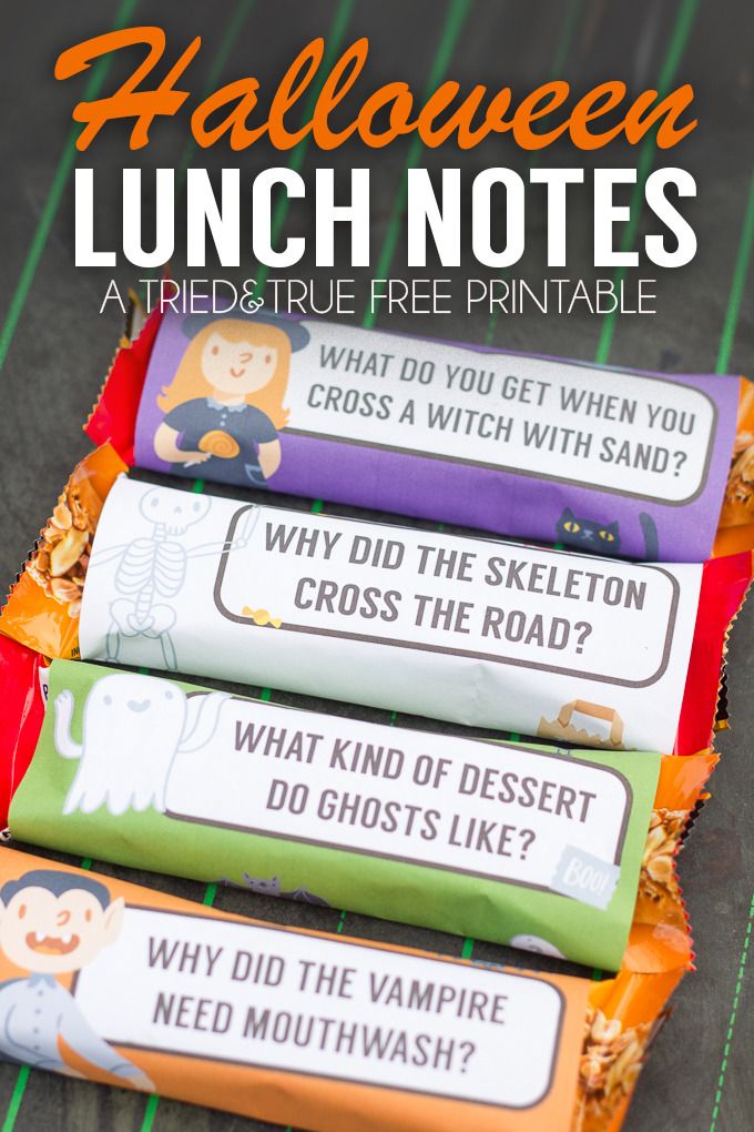 Free printable Halloween lunch note wrappers at Tried & True: Perfect for granola bars and other treats