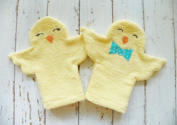 Handmade chick baby bath mitts on Etsy, and other barnyard animals. Cute!