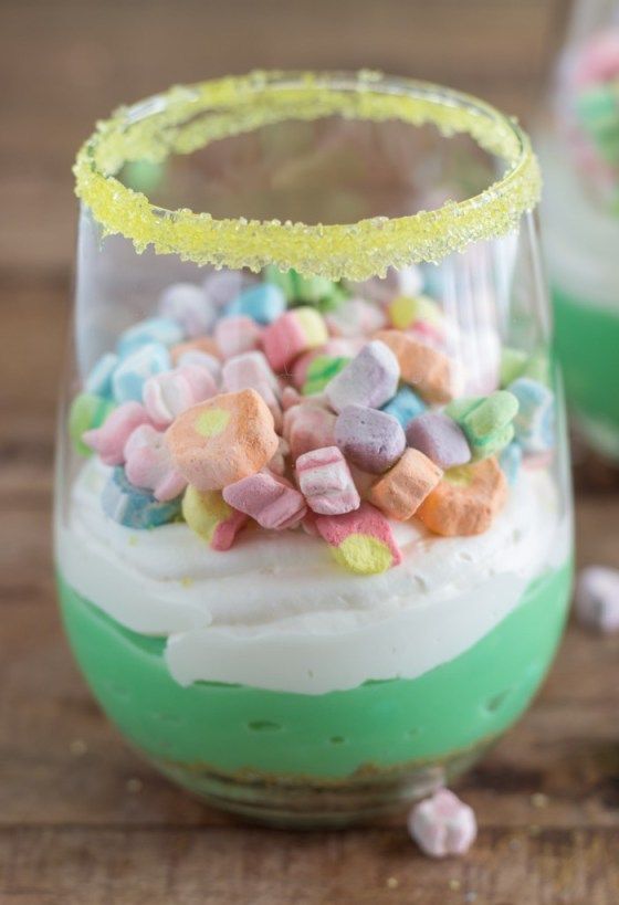 Lucky Charms pudding trifle dessert recipe from Chelsea's Messy Apron. Love the sprinkle rim!