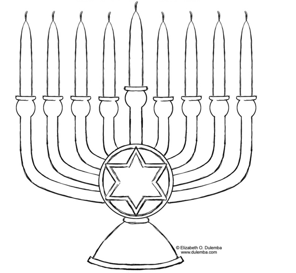 Free printable Hanukkah menorah coloring page by Elizabeth Dulemba