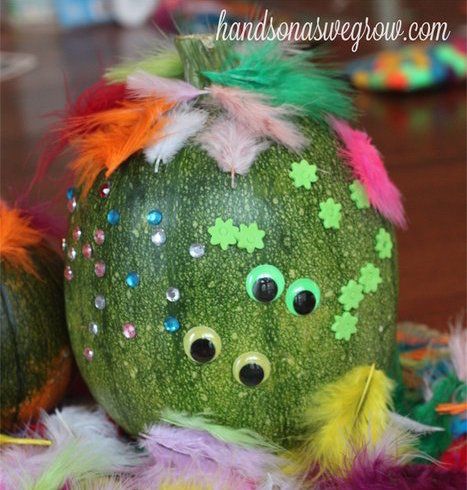 Monster Pumpkin Decorating idea: Let your kids go wild with googly eyes, feathers, sequins....whatever | Hands On As We Grow