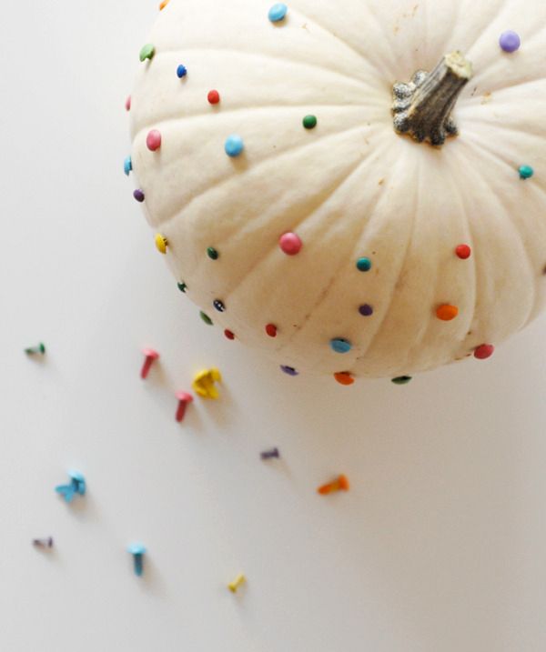Easy no-carve confetti pumpkin ideas: Use office supplies like colorful brads or thumbtacks | A Subtle Revelry