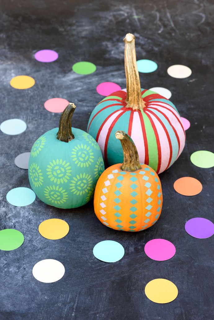 No-carve pumpkin ideas: Colorful painted pumpkins using folk stencils on Handmade Charlotte