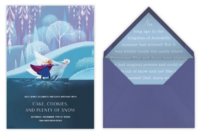 Handpainted Frozen party invitations with matching envelopes now through Paperless Post