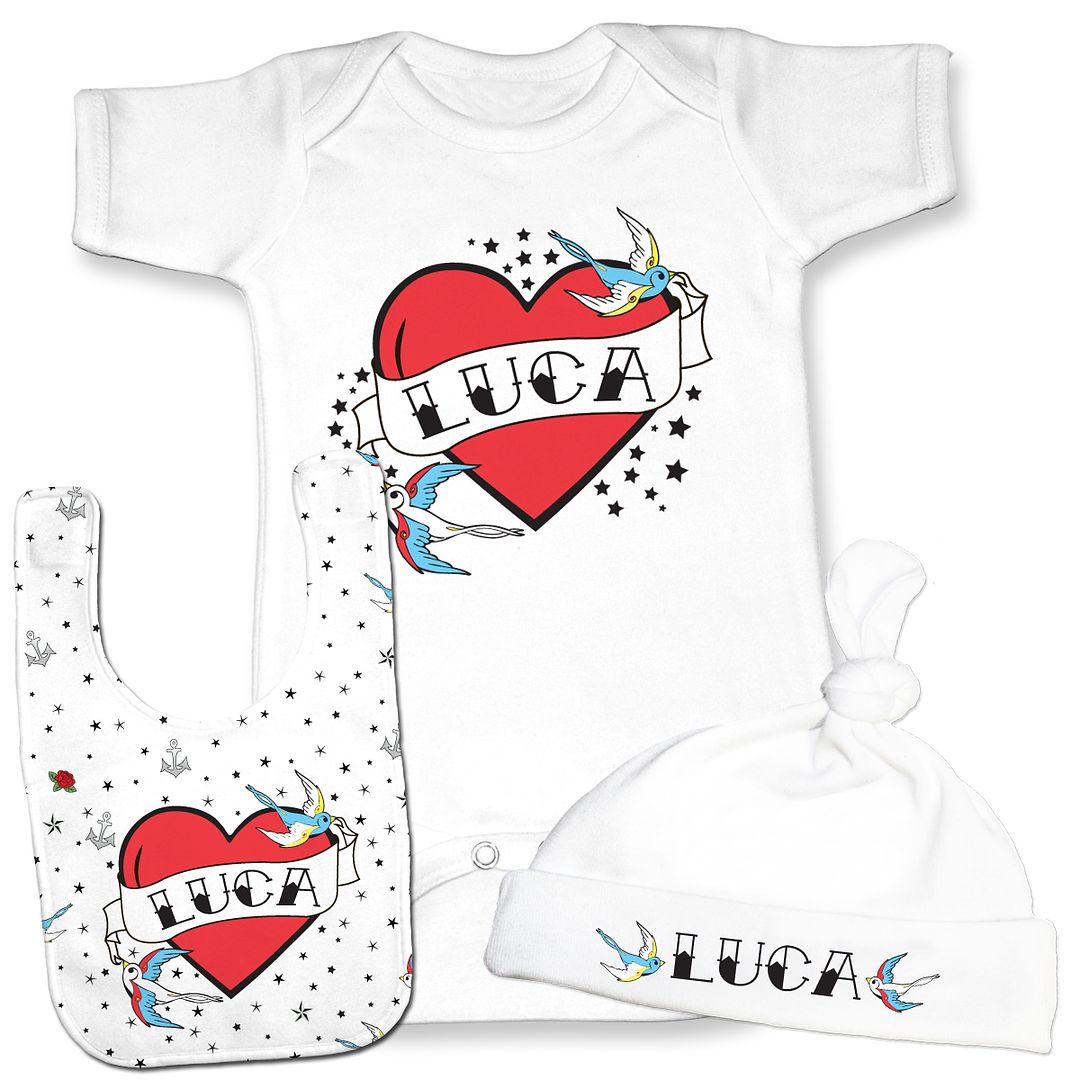 Personalized flying swallow heart tattoo baby gift set for Valentine's Day