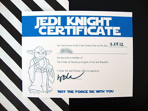 Jedi Knight Certificates: Free printables for Star Wars parties via Libbie Grove
