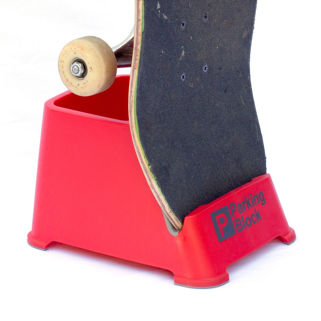 The Parking Block Skateboard Stand keeps boards stashed safely vertically or horizontally, and off the floor