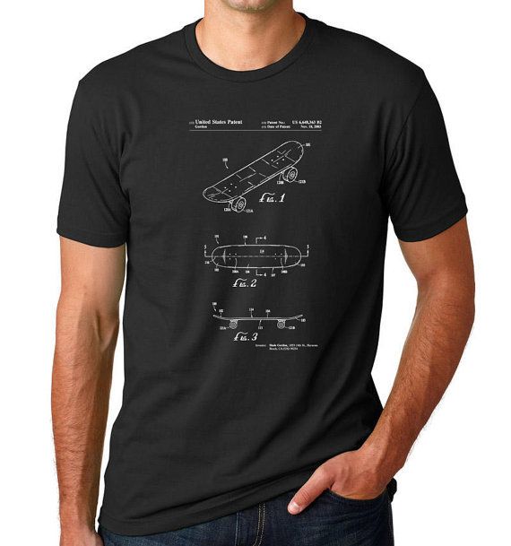 Cool gifts for skaters: Skateboard patent drawing t-shirt in youth + adult sizes