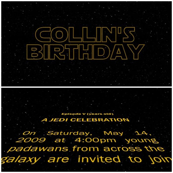 Animated Star Wars party invitation: Custom copy scrolls to the theme music, that you can send to guests by email or a YouTube link
