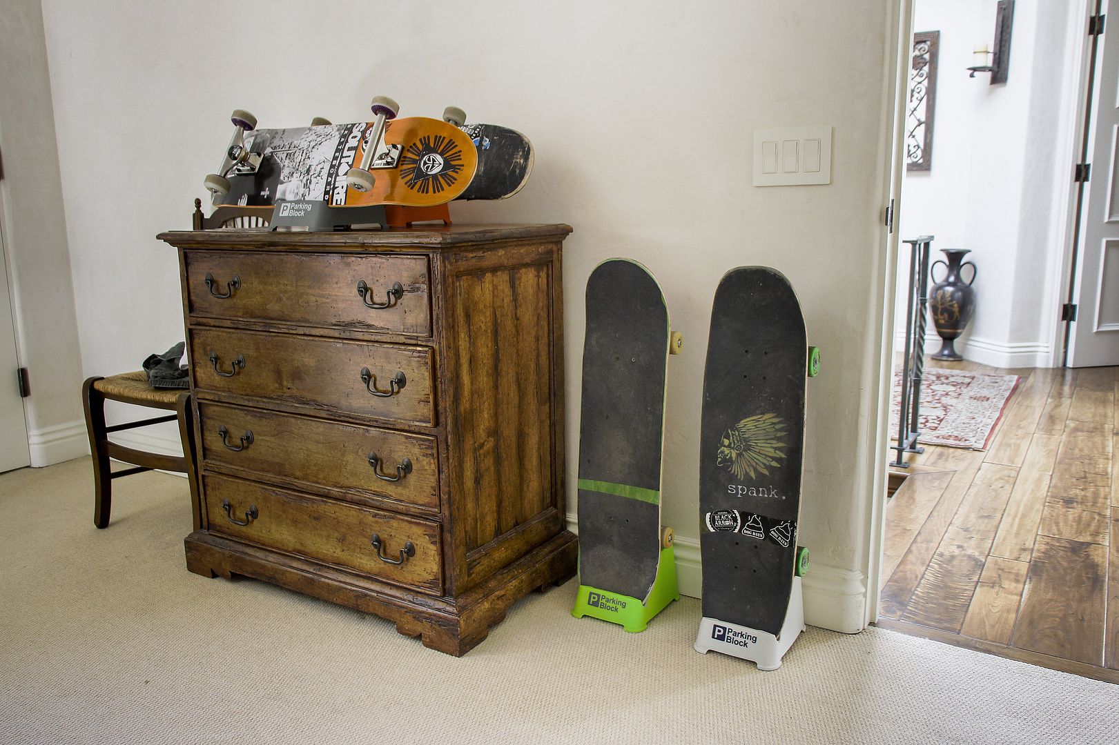 The Parking Block Skateboard Stand: genius idea for keeping boards off the floor, and wheels away from the walls 