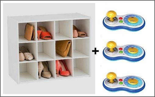 Video game controller storage idea: A low shoe organizer has the perfect sized compartments and often costs less than an actual gaming storage shelf