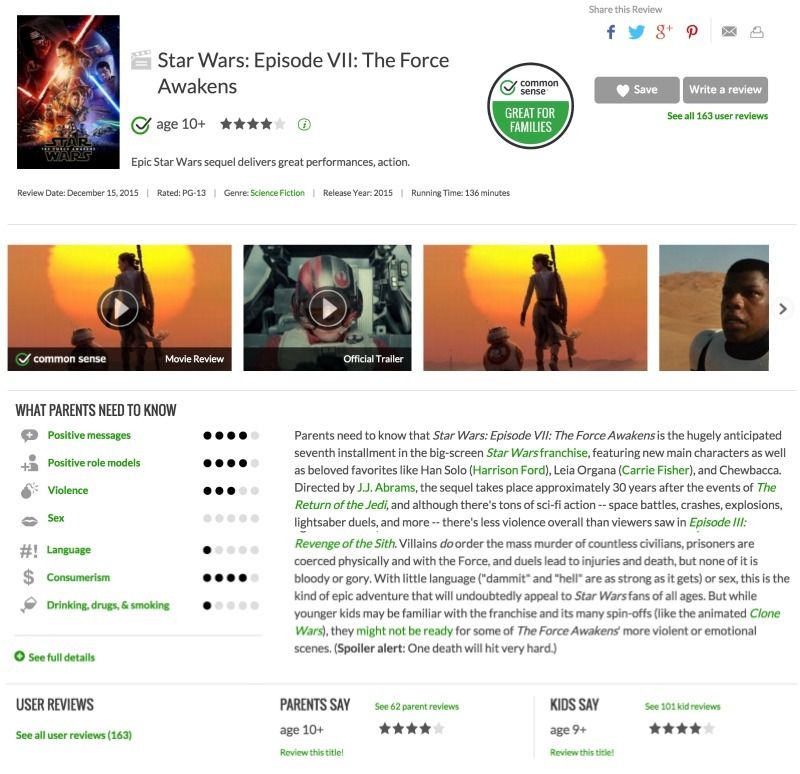 Common Sense media is a great resource for family media recos, including all the Oscar nominees like Star Wars VII Force Awakens 
