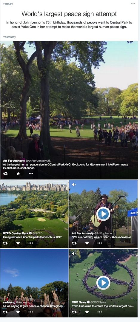 The new Twitter Moments feature: Visual collections of stories and links around trending topics and categories of interest. Like the construction of the world's largest peace sign!