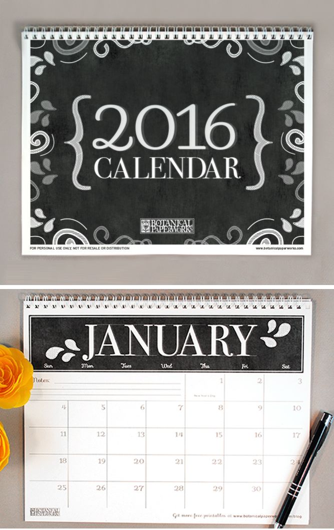 Free printable chalkboard style calendar from Botanical Paperworks