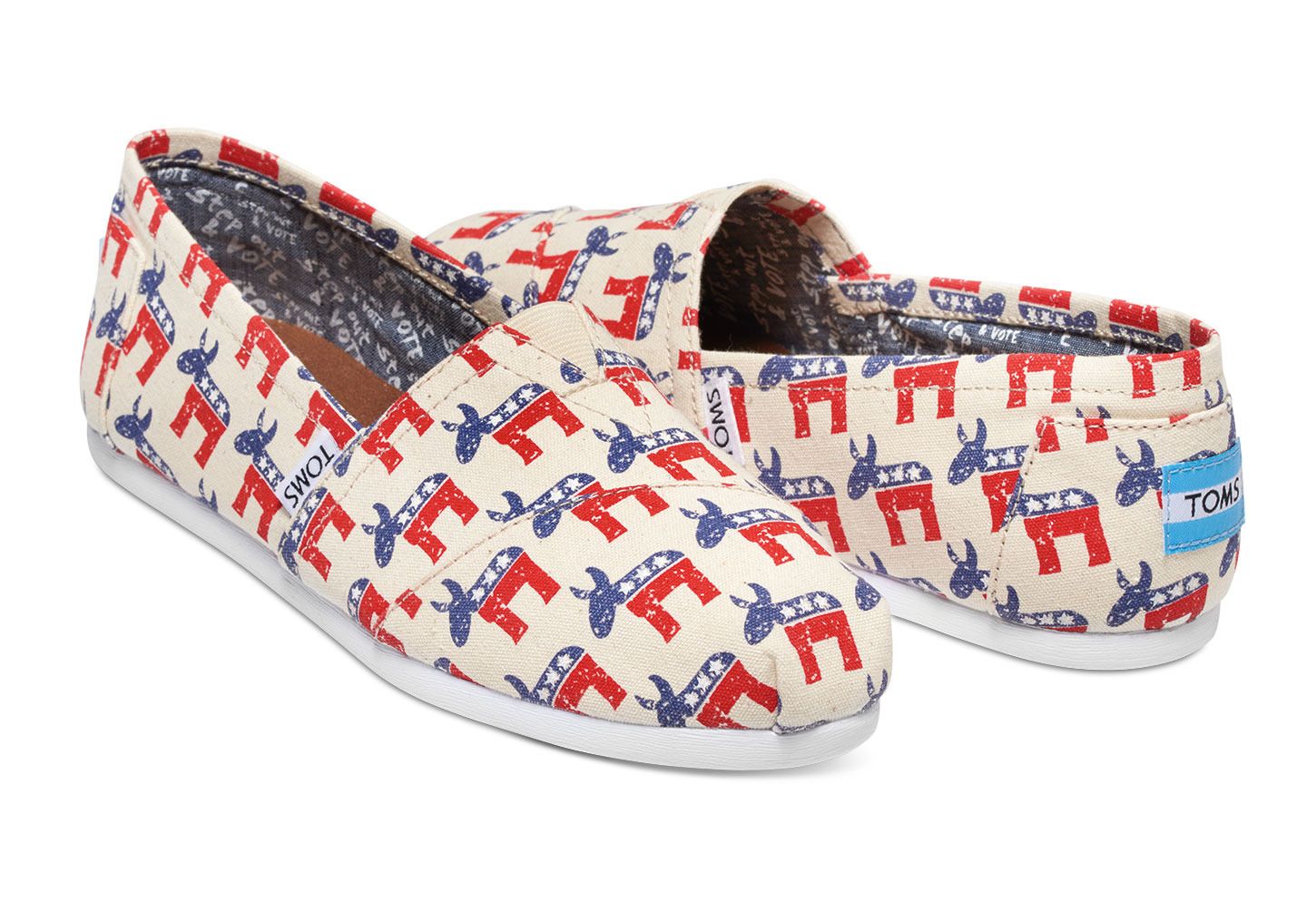 Democratic donkey shoes from TOMs show your political colors while donating to a child in need. Also available with elephants.