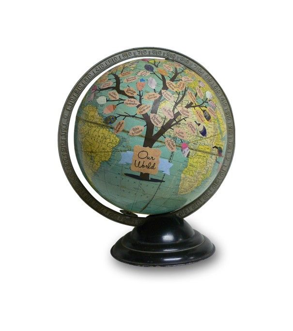 Custom family tree art on vintage globes from artist Wendy Gold