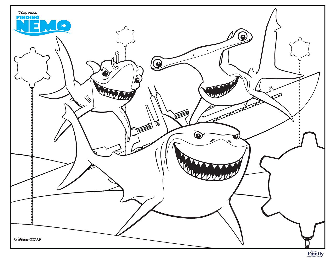 Free printable summer coloring pages: Finding Nemo sharks coloring page from Disney