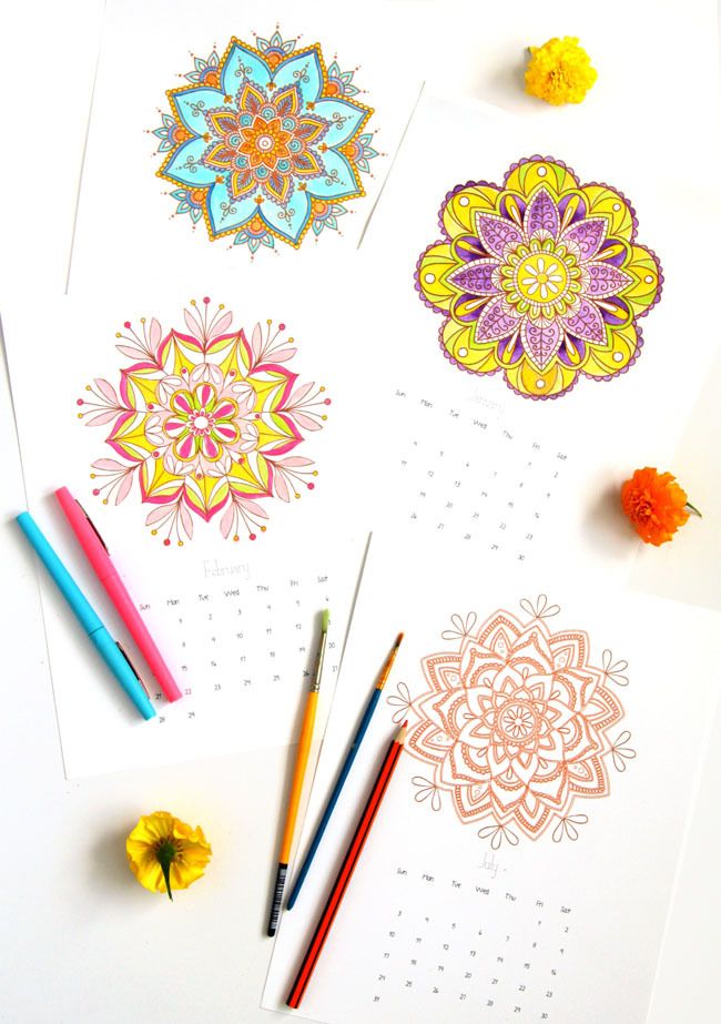 Free printable 2016 calendar featuring color-your-own mandalas. Awesome!