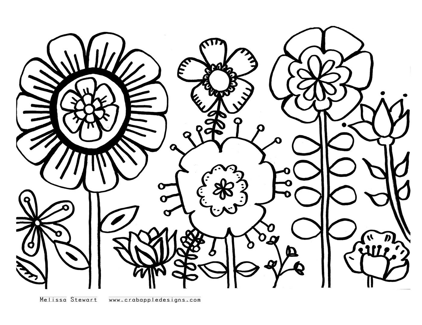 Free printable summer coloring page: Summer flower garden from Crabapple Designs