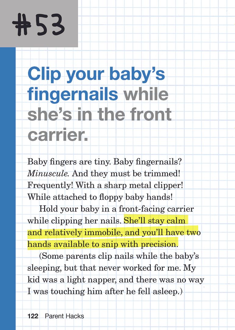 Tips for clipping the baby's fingernails from Parent Hacks: Do it while using your carrier!