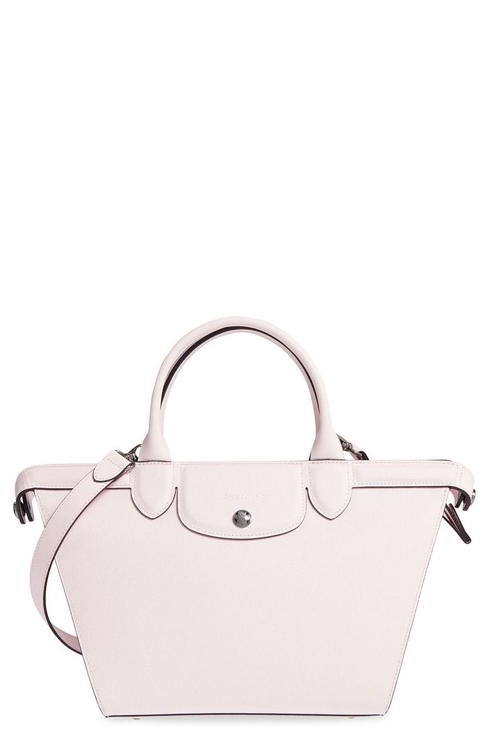 Rose quartz handbags: Longchamp Le Pliage Heritage Leather Satchel. A splurge we're totally coveting.