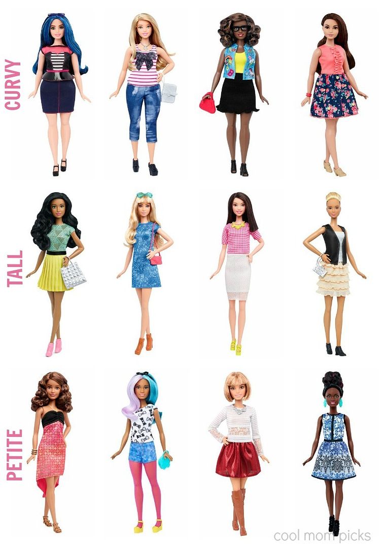 The new Barbie Fashionista line featuring dolls with curvy, tall and petite body types, with the wardrobe to match
