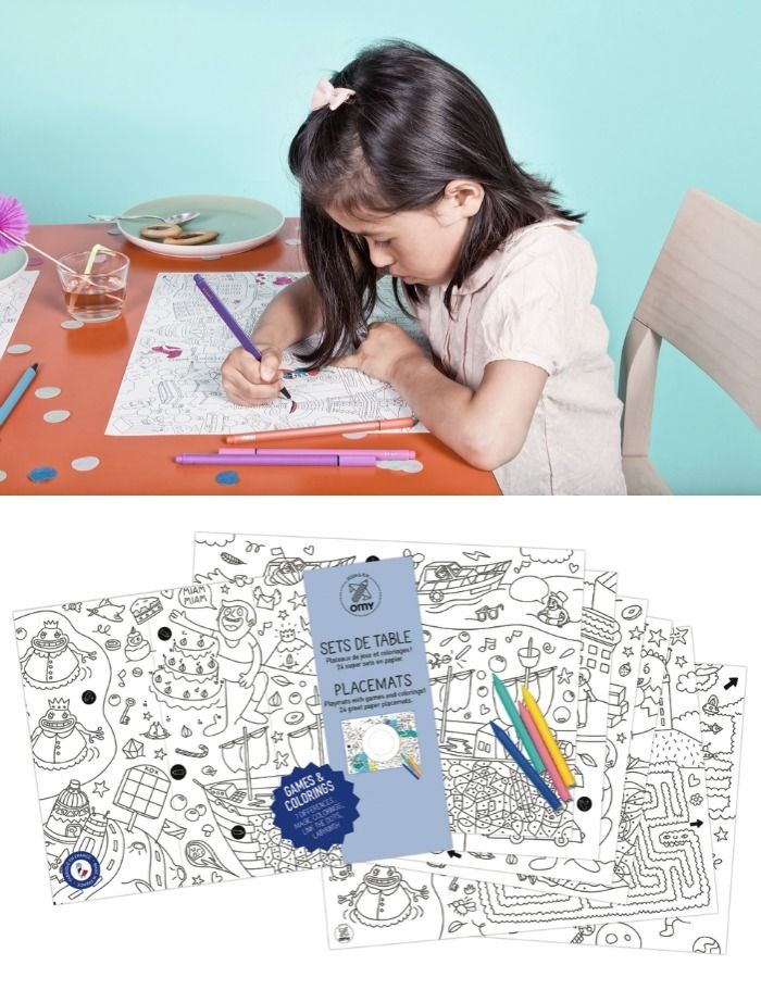 Color-your-own-placemats from OMY: Choose from two coloring themes, or one filled with mazes, dot-to-dots and other games kids love.