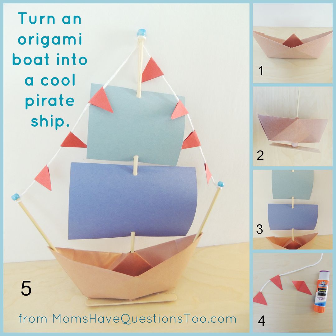 Easy pirate party activity ideas: Have kids make origami pirate ships like this DIY from Moms Have Questions Too