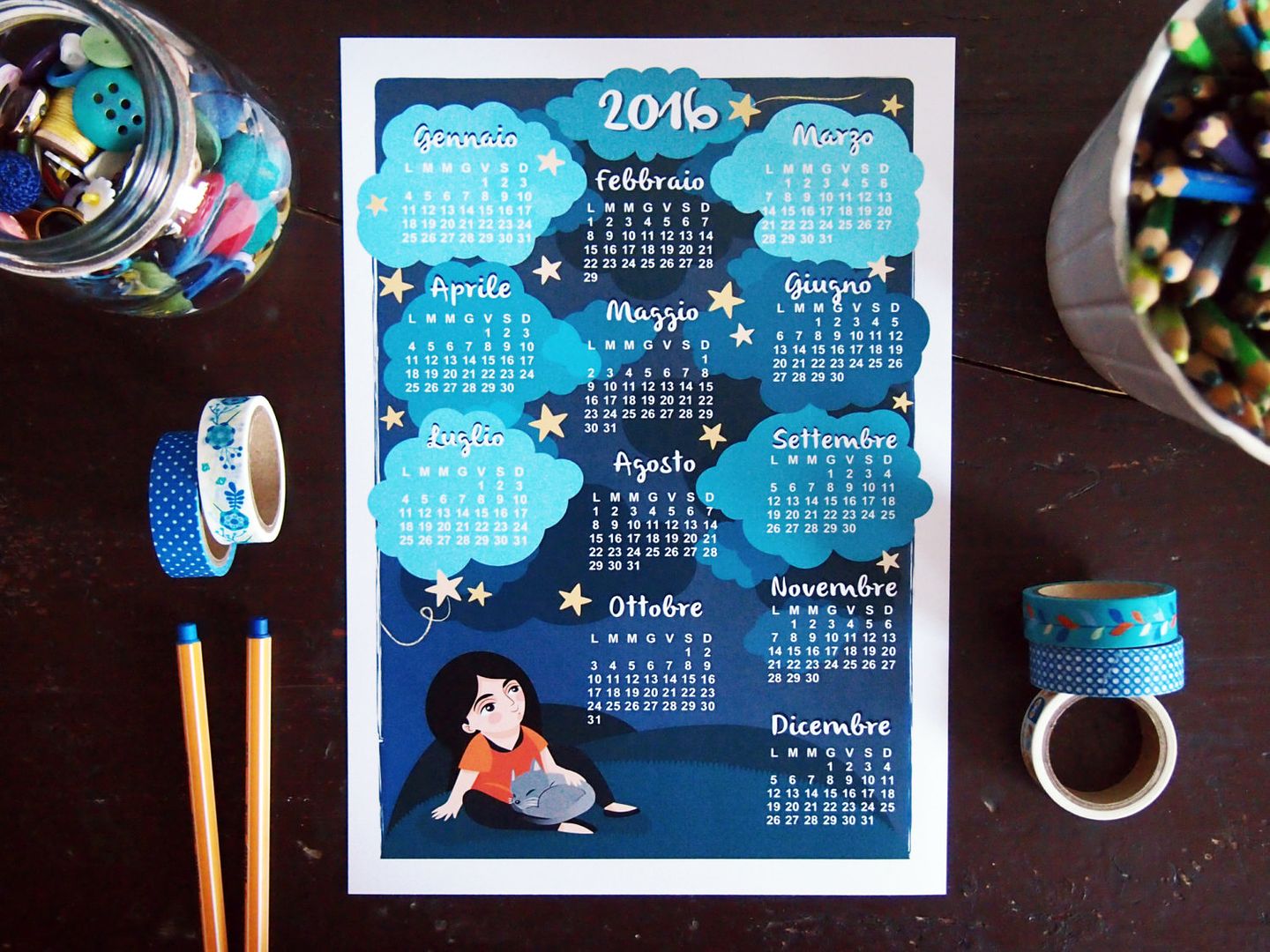 Dreamy, printable Italian single-page 2016 calendar from Irene Agh