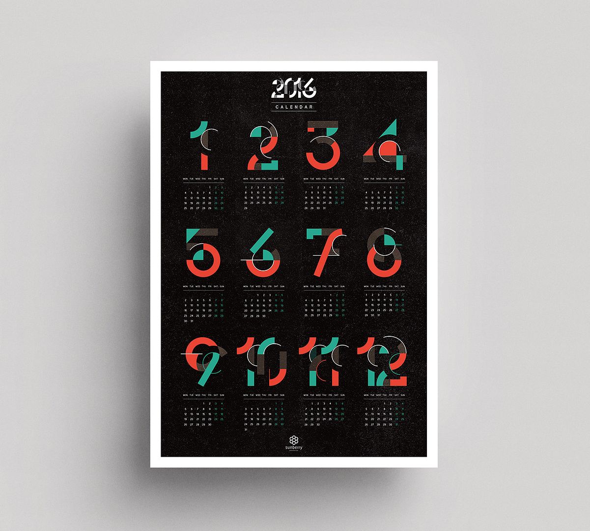 Printable midcentury design 2016 single-page wall calendar | Sunberry Graphics