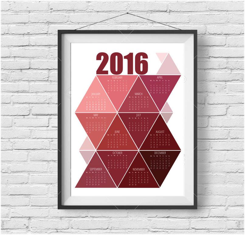 Printable Scandinavian 2016 single-page wall calendar in red tones or jewel tones 