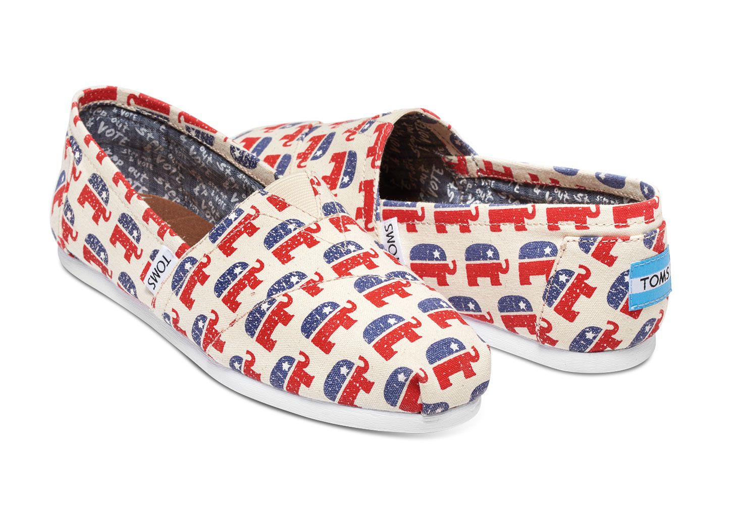 Republican elephant shoes from TOMs show your political colors while donating to a child in need. Also available with Democratic donkeys.