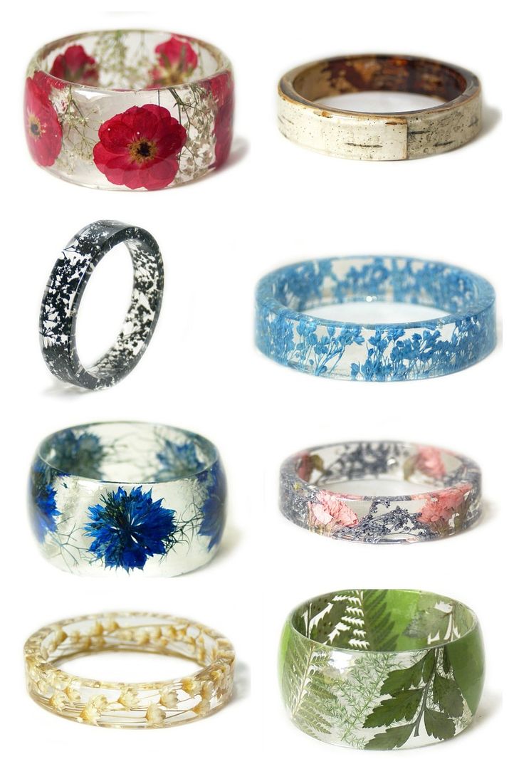 Modern resin bracelets from real flowers and foliage, at Modern Flower Child on Etsy