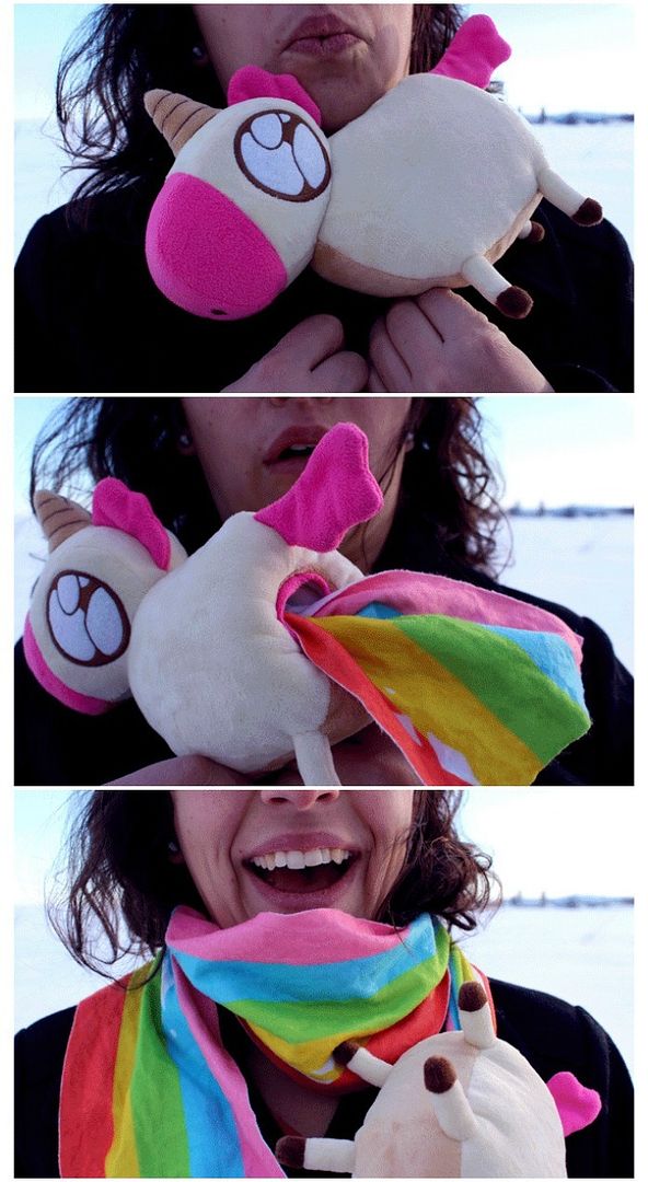 Unicorns pooping rainbows! It's a plush that turns into a scarf. And we need one now.
